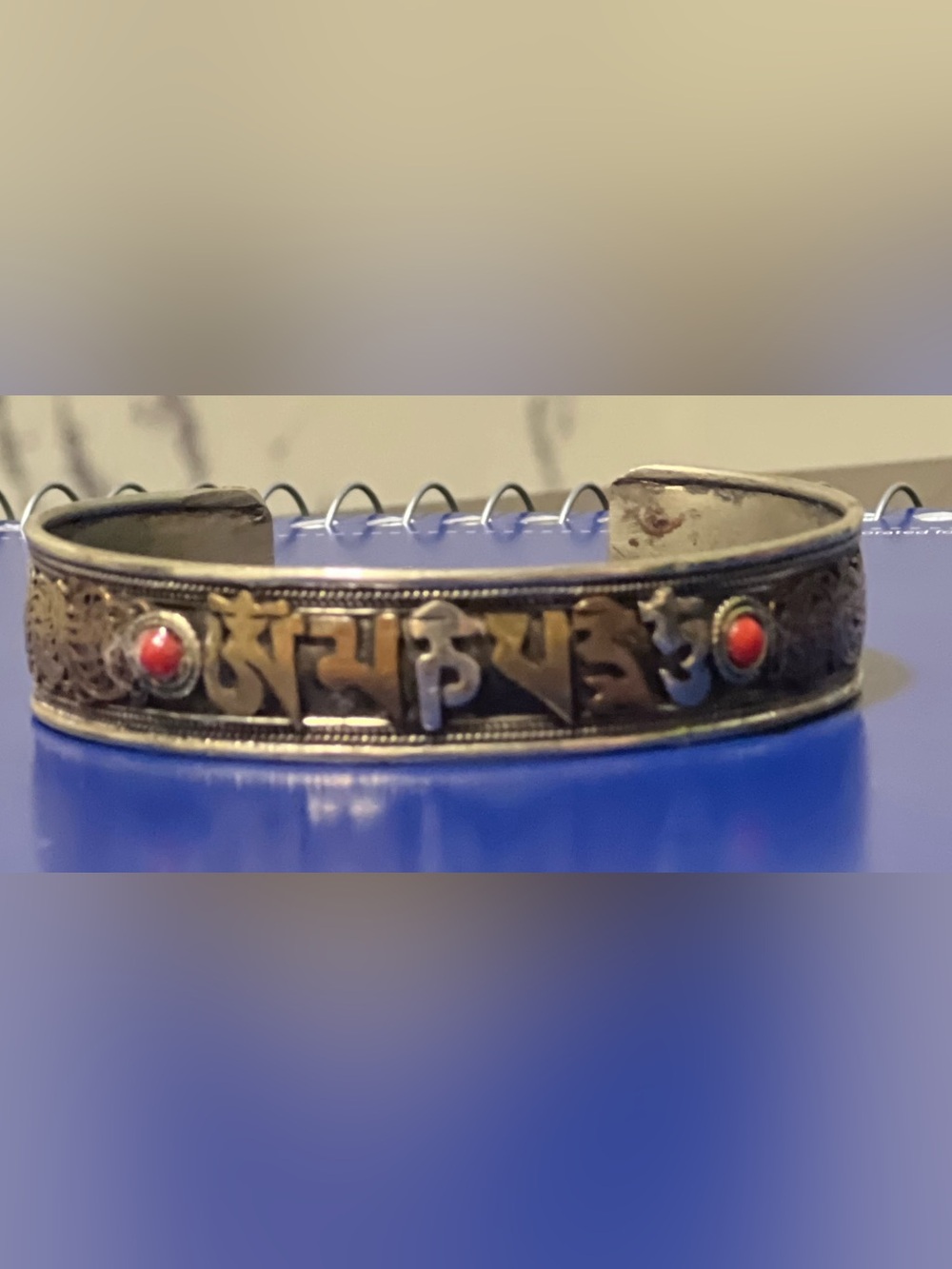 Tibetan-Style Silver Tone Mantra Cuff Bracelet with Red Stone Accents
